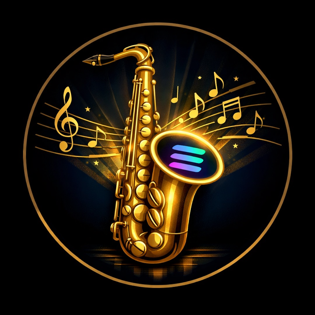 Saxxy Sol - Golden saxophone with Solana logo